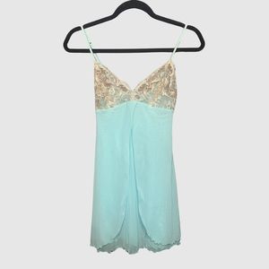 Vintage Cosabella Italy Baby Blue Double Mesh Cream Lace Trim Slip Chemise Small